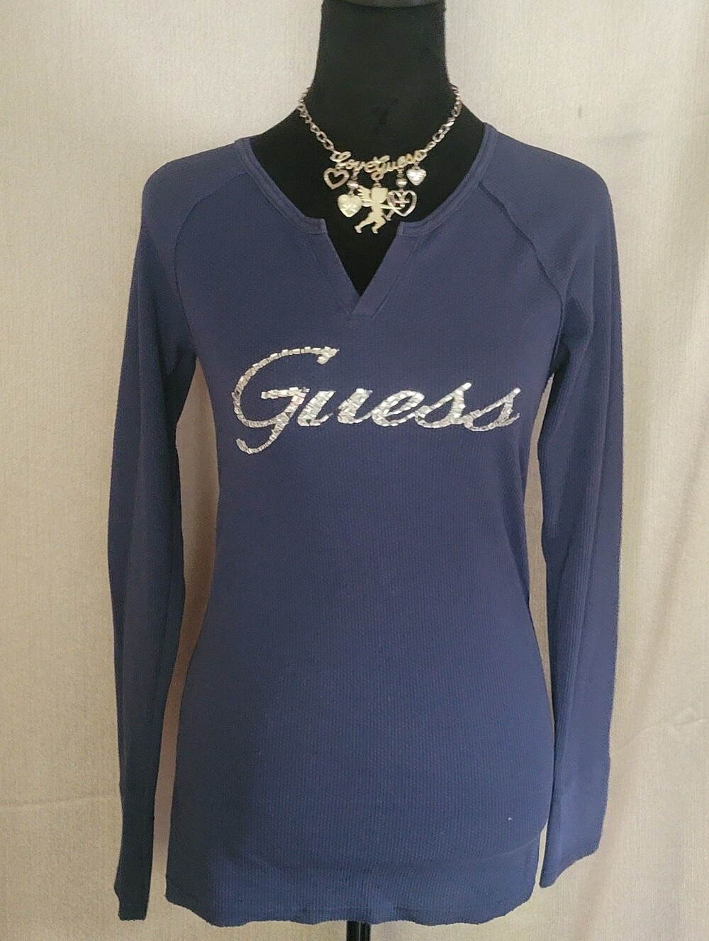 GUESS Navy Long-Sleeve V-Neck Logo Top